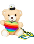 Grattis till Studenten - Sittande Ljusbrun Teddybjörn med Regnbågshjärta, Gult och Blått Band och Mössa 17 cm