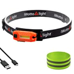 iWotto E Light Lampe Frontale LED USB Rechargeable avec Bandeau Ajustable et Brassard Réfléchissant - Rotation à 360º Horizontale et 180º Verticale - Lumière Étanche IP52 et Légère - Jusqu'à 12 m