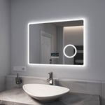 Miroir de salle de bain led avec Loupe 3 Fois 80x60cm Loupe 3x, Interrupteur Tactile, Anti-buée, Bluetooth Lumière Blanche Froide - Emke