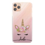 Personalised Initials Phone Case For Apple iPod touch (7th Gen), Black Name and Unicorn on Pink Marble Hard Phone Cover, Unicorn Case