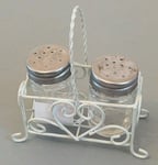 Salt & Pepper Pots In Heart Design Wire Basket Carrier - Shabby Chic Finish