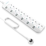 J Elektro 6 Way Extension Lead with Individual Switches,3M/9.84FT Power Strip UK Plug Extension Cord Wall Mounted Multi-Sockets with Indicator- White