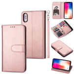 DEFBSC iPhone Xs Max Case, Folio Flip Wallet Case with 9 Card Holders & a Hand Strap, Magnetic Premium Leather Flip Case for iPhone Xs Max - Rose Gold