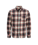 Jack & Jones Mens Casual Checked Shirt, Single Pocket, Button Cuff, Cloud Dancer - Brown Cotton - Size Small