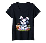 Womens Happy Easter Day 2024 Bunny Boys Girls Kids Gamer Headphones V-Neck T-Shirt