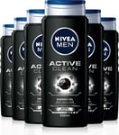 NIVEA MEN Active Clean Shower Gel Pack of 6 (6 X 500Ml), Purifying Activated Cha
