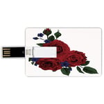 8G USB Flash Drives Credit Card Shape Rose Memory Stick Bank Card Style Blooming Red Roses with Gentle Wild Flowers Leaves Bouquet Corsage Decorative,Ruby Violet Blue Hunter Green Waterproof Pen Thum