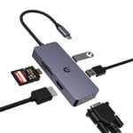 Hub USB C, HDMI VGA Double Moniteur Haute Vitesse, Adaptateur USB 6 en 1 avec HDMI, VGA, USB A, USB 2.0, Lecteur de Carte SD/TF, Compatible avec Les systèmes Windows et iOS et Plus Encore
