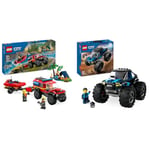 LEGO City 4x4 Fire Engine with Rescue Boat Building Toys for 5 Plus Year Old Boys & City Blue Monster Truck Toy for 5 Plus Year Old Boys & Girls, Vehicle Set with a Driver Minifigure, Creative Race