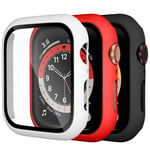 Dirrelo 3 Pack PC Case Compatible with Apple Watch Series 6/5/4/SE 44mm Tempered Glass Screen Protector, Full Cover Thin All-Around HD Protective Bumper Case for iwatch 6/5/4, White/Red/Black