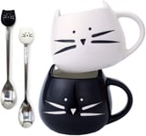 2 Pack Cat Coffee Mugs-Ceramic Cute Cat Coffee Mugs and Cat Spoons Set for Women Wife Mum Girl Teacher Friends Birthday Mothers Valentines Day (Black&White)