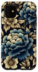 Coque pour iPhone 11 Motif pivoine et fleurs bleu marine et doré