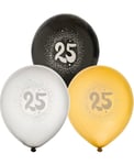 25 år - 6 stk Svarta, Silver- och Guldfärgade Ballonger 30 cm
