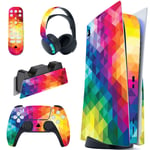 playvital Colorful Triangle Full Set Skin Decal for ps5 Console Disc Edition,Sticker Vinyl Decal Cover for ps5 Controller & Charging Station & Headset & Media Remote