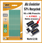 Bic Evolution ECO PENCILS x 10 graphite HB 57% RECYCLED + 4 FREE HELIX ERASERS