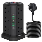 bedee Plug Tower Extension Lead with 1 USB C Slot (18W), 4 USB Ports & 12 Sockets, Tower Extension Lead with Surge Protection, Power Strip Tower with 2 Individual Switch & 5M Extension Cable, Black