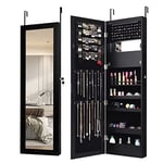 COSTWAY Armoire à Bijoux Murale avec Miroir 12 LED, Meuble de Rangement Verrouillable Pleine Longueur, Organisateur de Bijoux avec Étagères de Rangement, Style Scandinave, Noir