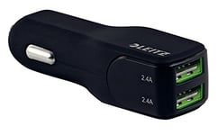 Rexel Leitz Chargeur Allume-Cigare Haute Vitesse avec 2 Ports USB 24 W pour Tablette/Smartphone Noir
