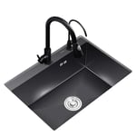 GOFEY° Single Bowl Kitchen Sink Black Stainless Steel Household Handmade Nano Sink Single Sink Under Counter Basin Reversible Drainer With Strainer Waste
