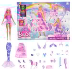 Barbie Calendrier de l’Avent Barbie, coffret avec une poupée et 24 accessoires surprises, dont une licorne et des animaux.La poupée se transforme en Sirène, Fée et bien plus encore,JFL66