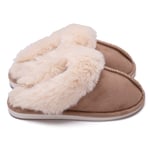 Vintervarma plysch damtofflor Platta skor inomhus halkfria Khak Khaki 36-37 (fits 34-35)