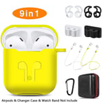 AirPods Case, Bipra 9 in 1 AirPods Accessories Set Protective Silicone Cover and Skin Compatible Apple AirPods Charging Case with Watch Band Holder/Ear Hook/Keychain/Strap/Carrying Box (Yellow)