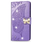 Compatible for Sony Xperia L4 Case, Shockproof Glitter Diamonds Butterfly Flower Flip Wallet Phone Cover PU Leather Stand Protective Case for Sony Xperia L4 with Magnetic Card Holder - Light Purple