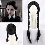 Wednesday Addams peruk med perukmössa Svart peruker för Wednesday kostym Lång svart flätad peruk Flätade peruker för Addams fest