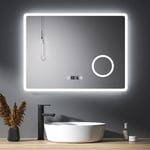 Miroir mural lumineux avec Anti-buée 80x60cm Dimmable Éclairage Miroir de salle de bain avec horloge, 3x Loupe et Interrupteur Tactile - Meykoers