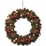 FÉÉRIE LIGHTS & CHRISTMAS Couronne de noël avec Houx et étoiles à suspendre en bois polystyrène - Diamètre 50 x Profondeur 8 cm Rouge