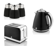 Swan Retro Black Jug Kettle 2 Slice Toaster & Tea Coffee Sugar Canisters Set