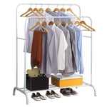 Clothing Double Rod Garment Rack with Shelves, Metal Hang Dry Clothes Rail for Hanging Clothes,with Top Rod Organizer Shirt and Lower Storage Shelf for Boxes Shoes Boots,White