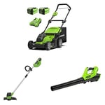 Greenworks 40V 41cm mower, trimmer, blower, grass collecting bag with 2x2Ah Battery/charger