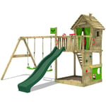 Fatmoose - Aire de jeux Portique bois HappyHome avec balançoire et toboggan Maison enfant exterieur avec bac à sable, échelle d'escalade &
