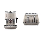 De'Longhi Vintage Icona Traditional Barista Pump Espresso Machine, Coffee and Cappuccino Maker & Icona Vintage 4 slot toaster, reheat, defrost, one-side bagel & 6 browning settings, CTOV4003BG, Beige