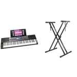 RockJam 61 Key Keyboard Piano with Pitch Bend, Power Supply, Sheet Music Stand, Piano Note Stickers & Simply Piano Lessons & XX-363 Xfinity Doublebraced Pre Assembled Keyboard Stand