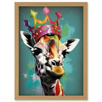 Giraffe Wearing Rainbow Crown King Queen Pop Art Artwork Framed Wall Art Print A4