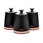 Tower T826131BLK Cavaletto Set of 3 Storage Canisters for Tea/ Coffee/ Sugar, Steel, Black and Rose Gold