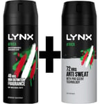 2 x LYNX Africa Deodorant + Antiperspirant BodySpray Mens Him 48H+72H 150ml UK