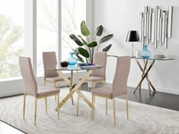 Novara 100cm Round Tempered Glass Dining Table with Gold Legs & 4 Milan Faux Leather Chairs
