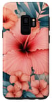 Coque pour Galaxy S9 Fleurs d'hibiscus esthétiques - Pétales de corail et feuilles bleu sarcelle