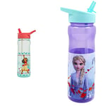 Disney Moana Water Bottle Flip Up Straw 600ml - Turquoise & Pink & Disney Frozen Water Bottle with Straw – Reusable Kids 600ml PP – in Purple, Multi Colour