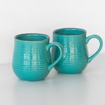 Set of 4 Large Aqua Blue Glazed Mugs Ribbed Stoneware Tea Coffee Soup Barrel Cup