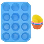 KLYNGTSK Muffin and Cupcake Tray 12 Cup Muffin Trays Silicone Cupcake Baking Pan with 12 PCS Reusable Baking Moulds Cups Muffin Tins Non Stick Muffin Pan for Cupcakes, Brownies, Muffins, Pudding