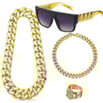 Hiphop-kostymset för män, Rapper-tillbehör Hippie-kostymset Guldkedja Dollartecken Halsband Ring och Svarta Guld Solglasögon Outfit Disco-kostym