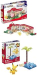 MEGA BLOKS - Bundle Pack - Forest Pokémon Center with 648 Pieces, 4 Poseable Characters (HNT93) + Pikachu’s Beach with 79 compatible bricks and pieces (HDL76). Toy gift set for ages 7 and up.