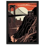 Artery8 Clifton Suspension Bridge Sunset Contrast Linocut Artwork Framed Wall Art Print A4