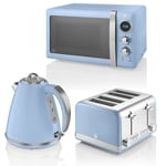 Swan Retro 1.5L Jug Kettle 4 Slice Toaster and 800W Digital Microwave Set - Blue