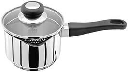 Judge Vista Draining J304A Medium Stainless Steel Saucepan with Pouring Lip 14cm 1L, Shatterproof Glass Strain & Pour Lid, Induction Ready, Oven Safe, 25 Year Guaranteed