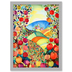 Apple Tree Orchard Fields In Summer Folk Art Landscape Watercolour Painting Artwork Framed Wall Art Print A4